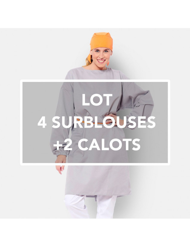 Lot de 4 Surblouses réutilisables + 2 Calots Offerts couleur gris et orange