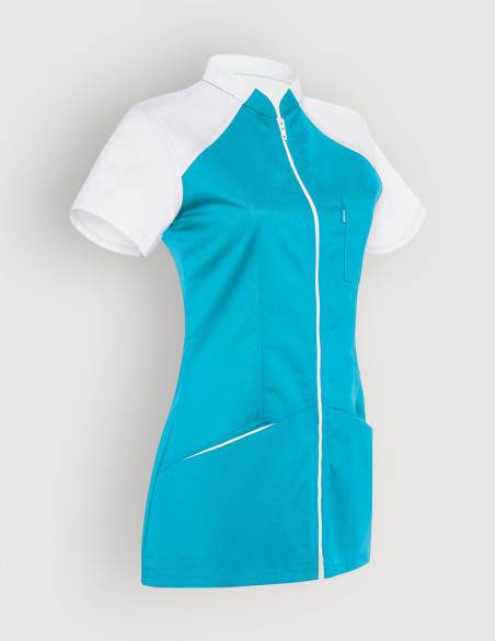 Blouse médicale féminine Bonnie couleur bleu océan et blanc - Vue ghost - Marque Belissa