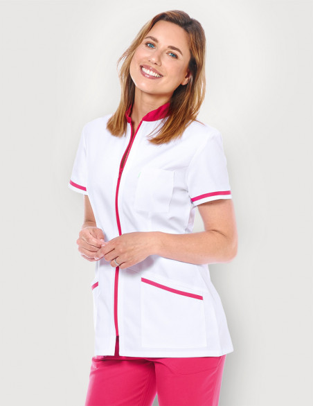 Blouse médicale femme Celia Blanc et Couleur rose framboise - Made in France by belissa