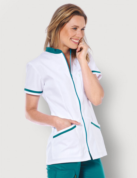 Blouse médicale femme Celia Blanc et Couleur bleu canard - Made in France by belissa