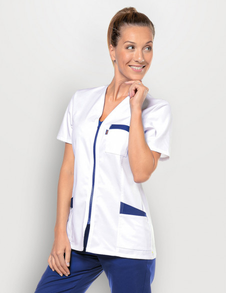 Blouse médicale femme Louise Blanc-bleu marine Made in France by Belissa