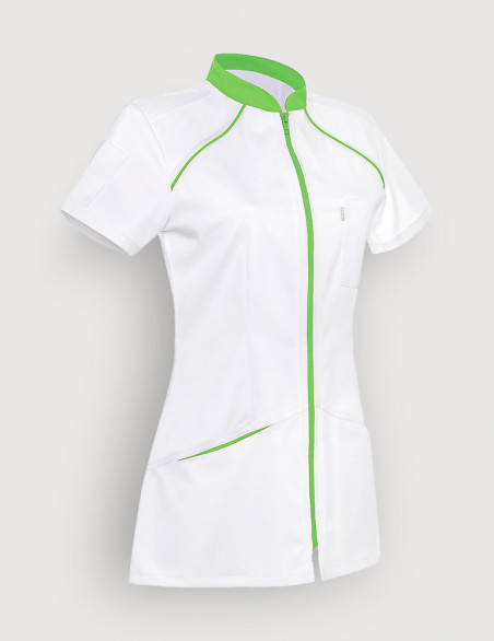 Blouse blanche femme, Mona, avec parements vert pomme. Marque Belissa. Vue ghost 3/4 de face
