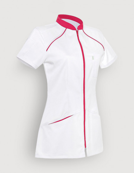 Blouse blanche femme, Mona, avec parements rose framboise. Marque Belissa. Vue ghost 3/4 de face