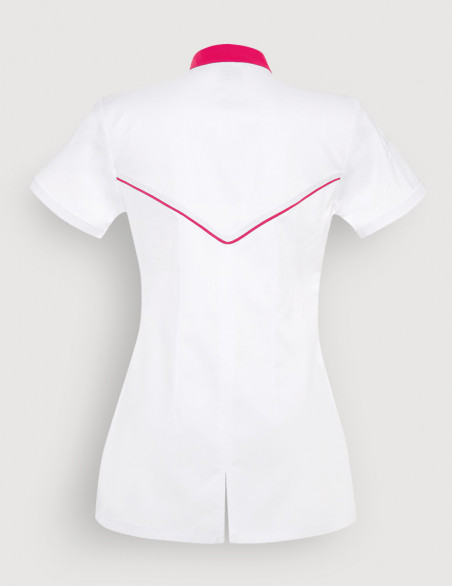 Blouse blanche femme, Mona, avec parements rose framboise. Marque Belissa. Vue ghost de dos