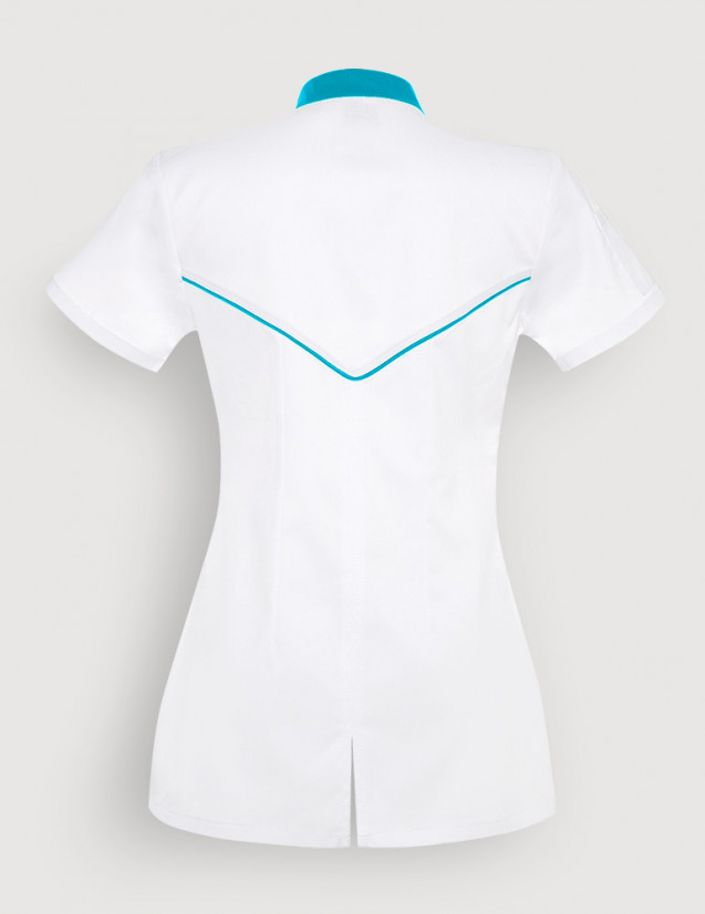 Blouse blanche femme, Mona, avec parements bleu océan. Marque Belissa. Vue ghost de dos Blouse blanche femme, Mona, avec parements bleu océan. Marque Belissa. Vue ghost de dos