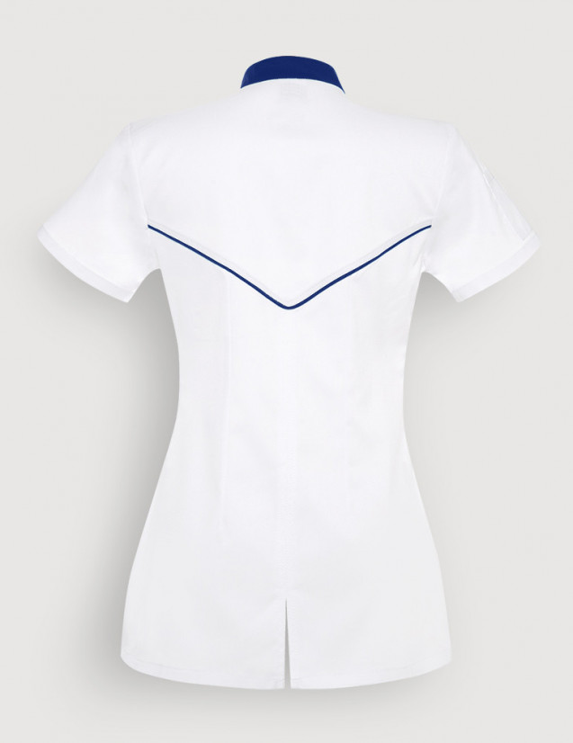 Blouse blanche femme, Mona, avec parements bleu marine. Marque Belissa. Vue ghost de dos