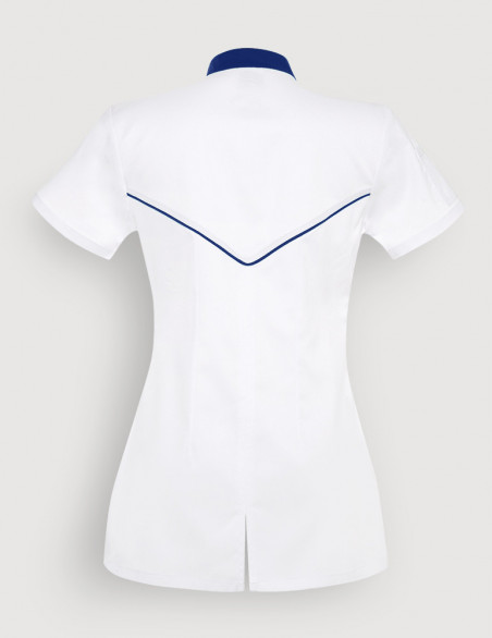 Blouse blanche femme, Mona, avec parements bleu marine. Marque Belissa. Vue ghost de dos