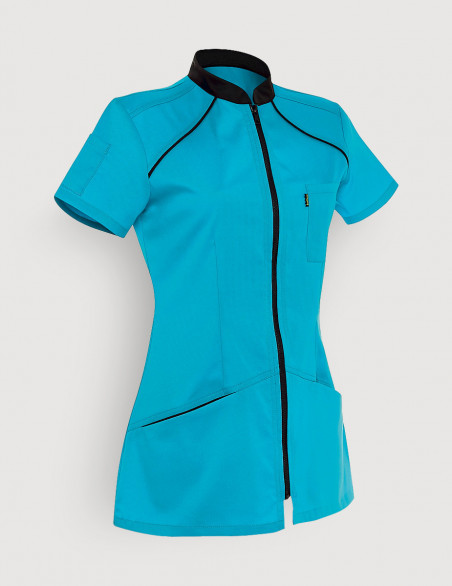 Blouse médicale femme Mona Bleu Océan avec parements Ardoise. Marque Belissa. Vue ghost de face