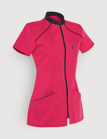 Blouse médicale femme Mona Rose Framboise avec parements Ardoise. Marque Belissa. Vue ghost de face