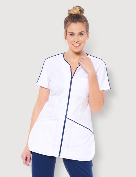 Blouse médicale femme Vic Blanc et parements Bleu Marine. Marque Belissa