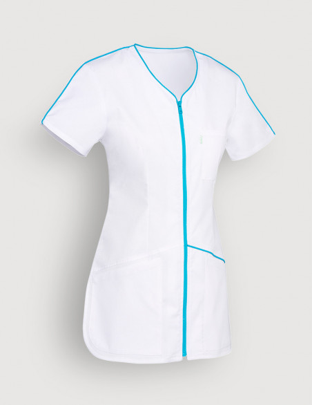 Blouse médicale femme Vic Blanc-bleu océan. Vue ghost non porté. Marque Belissa
