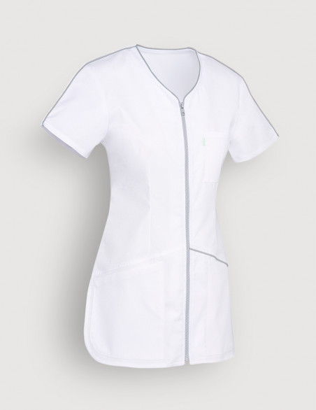 Blouse médicale femme Vic Blanc et parements Gris. Marque Belissa; Vue Ghost