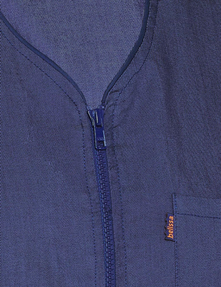 Blouse médicale femme Jeans Vic, détail de matière jeans etiquette Belissa