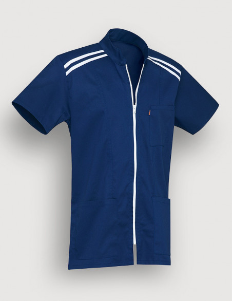 Blouse médicale homme Loris Bleu marine avec parements Blanc. Vue de ghost sans personnage. Marque Belissa