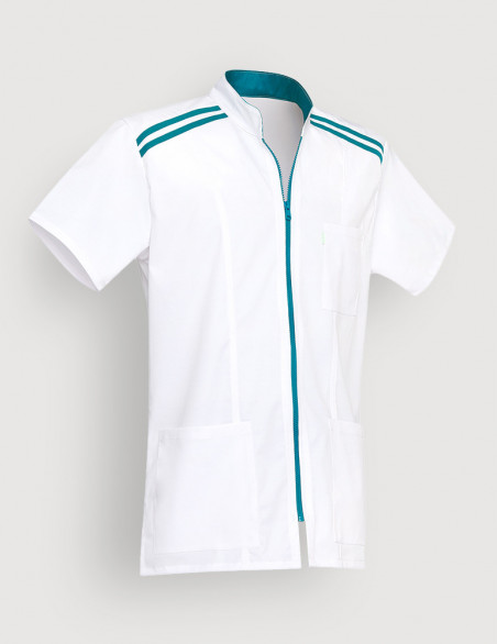 Blouse médicale homme Loris Blanc avec parements Bleu Canard. Vue de ghost sans personnage. Marque Belissa