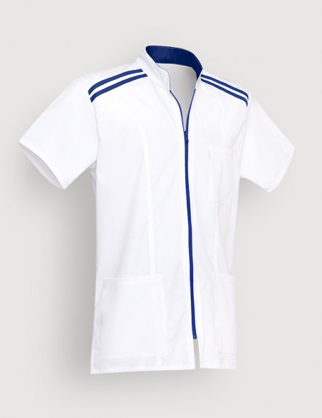 Blouse blanche homme Loris avec parements Bleu Marine. Vue de ghost sans personnage. Marque Belissa