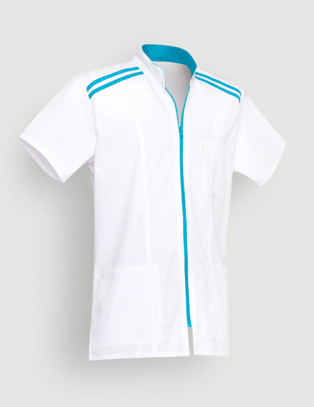 Blouse blanche homme Loris avec parements Bleu océan. Vue de ghost sans personnage. Marque Belissa