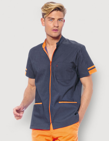 Blouse médicale Marley en jeans stretch coolmax avec parements couleur abricot. Marque Belissa