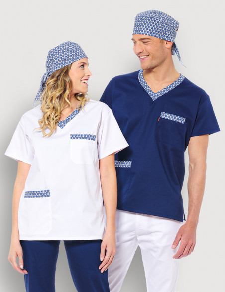 Tunique médicale unisexe Jules motifs Blue-Gold  - Blouse blanche et marine Col en V à motifs Marque Belissa