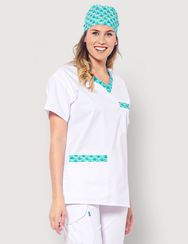 Tunique médicale unisexe Jules blanc + motifs palme turquoise by Belissa