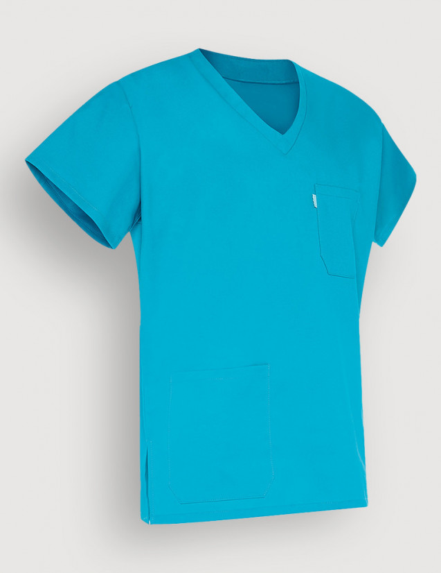 Blouse médicale unisexe Bleu Océan Made in France by Belissa - Col en V - Vue ghost Blouse médicale unisexe Bleu Océan Made in France by Belissa - Col en V - Vue ghost
