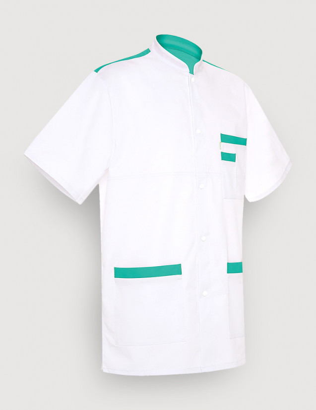 Blouse médicale unisexe Kevin blanc-Emeraude Made in France by Belissa Blouse médicale unisexe Kevin blanc-Emeraude Made in France by Belissa