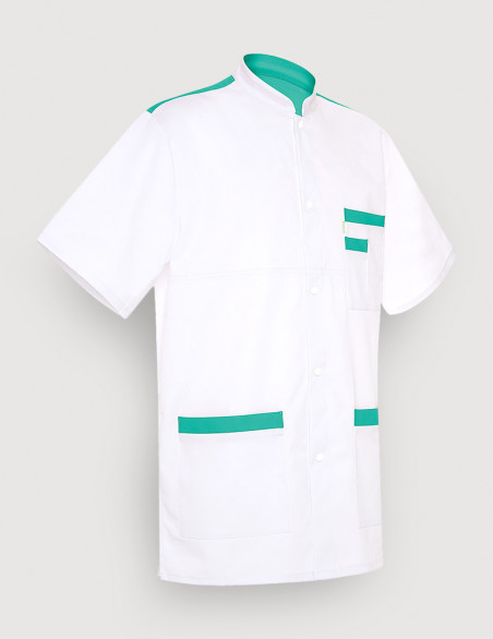 Blouse médicale unisexe Kevin blanc-Emeraude Made in France by Belissa