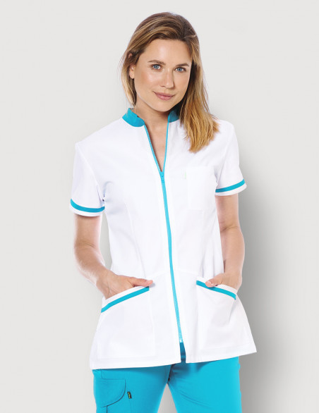 Blouse médicale femme Celia Blanc et Couleur bleu océan - Made in France by belissa