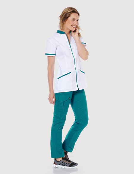 Blouse médicale femme Celia Blanc et Couleur bleu canard - Made in France by belissa