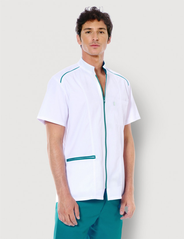 Blouse médicale homme Lucas blanc-bleu canard made in France by Belissa