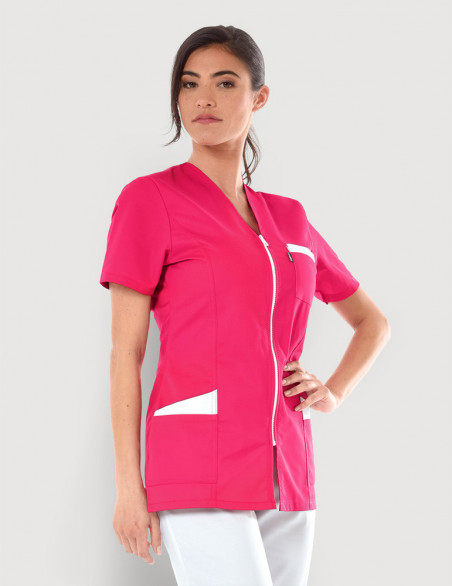 Blouse médicale femme Louise framboise-blanc