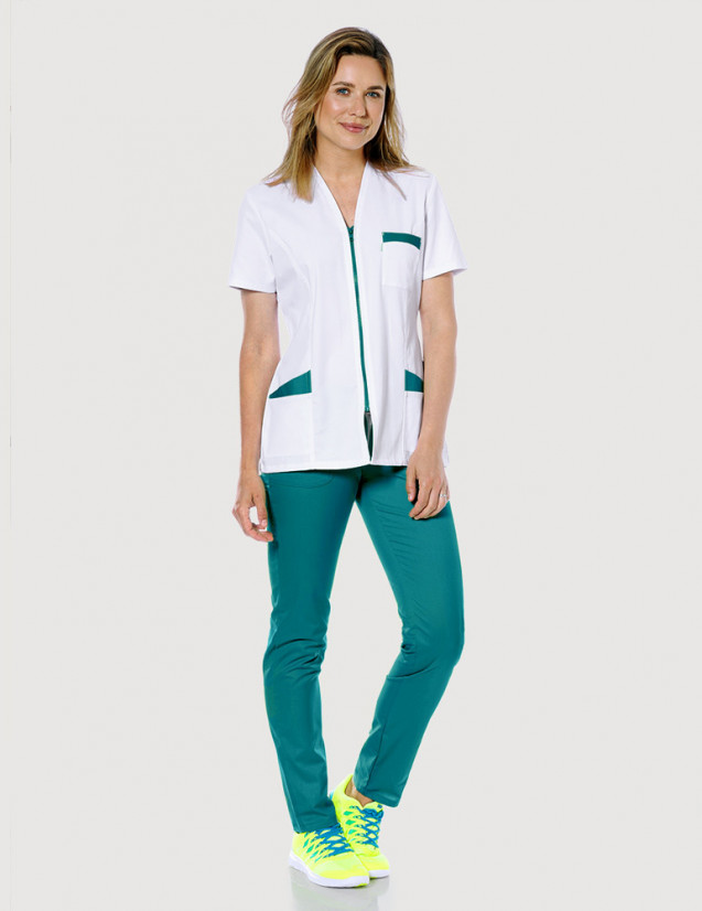 Blouse médicale femme Louise Blanc-bleu canard Made in France by Belissa