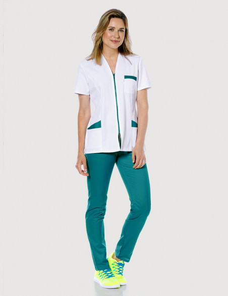 Blouse médicale femme Louise Blanc-bleu canard Made in France by Belissa