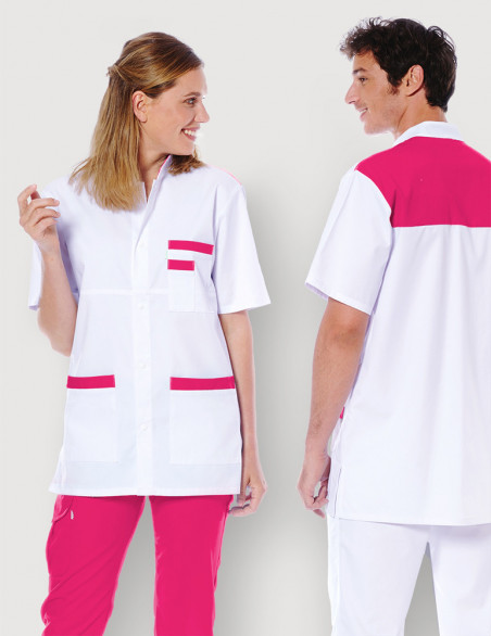 Blouse médicale unisexe Kevin blanc-Framboise Made in France by Belissa