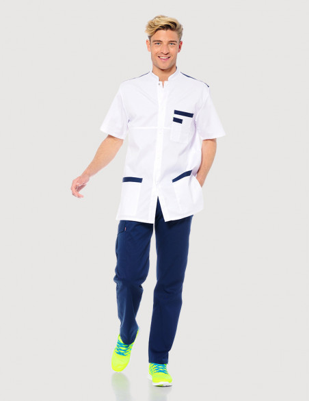 Blouse médicale unisexe Kevin blanc-Marine Made in France by Belissa