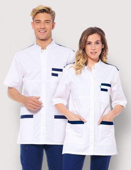 Blouse médicale unisexe Kevin blanc-Marine Made in France by Belissa