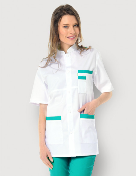 Blouse médicale unisexe Kevin blanc-Emeraude Made in France by Belissa