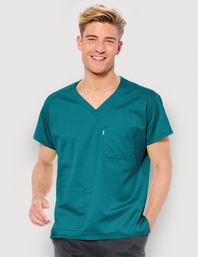 Blouse médicale unisexe couleur canard Col en V - Marque Belissa - Vue porté mannequin homme