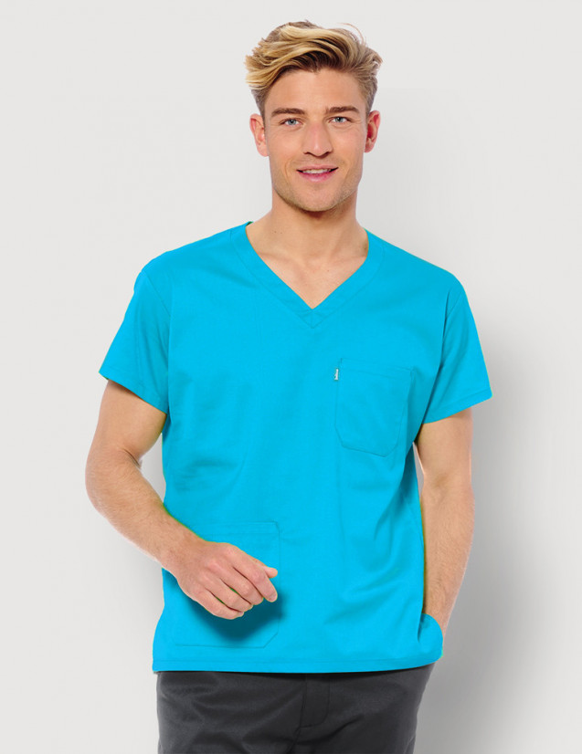 Tunique médicale unisexe Jules couleur bleu océan - Col en V - Marque Belissa Tunique médicale unisexe Jules couleur bleu océan - Col en V - Marque Belissa