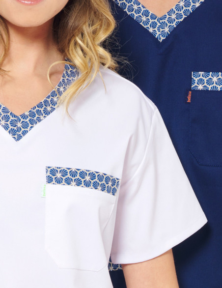 Tunique médicale unisexe Jules motifs Blue-Gold - Vue détail col en V