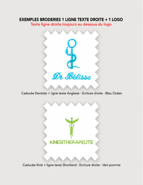 Broderie 1 caducée ou symbole + 1 ligne de texte en arc de cercle sur blouse médicale 2