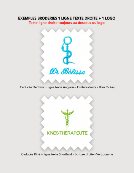Broderie 1 caducée ou symbole + 1 ligne de texte sur blouse médicale