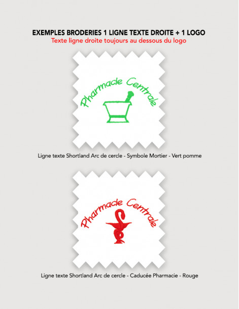 Broderie 1 caducée ou symbole + 1 ligne de texte en arc de cercle sur blouse médicale