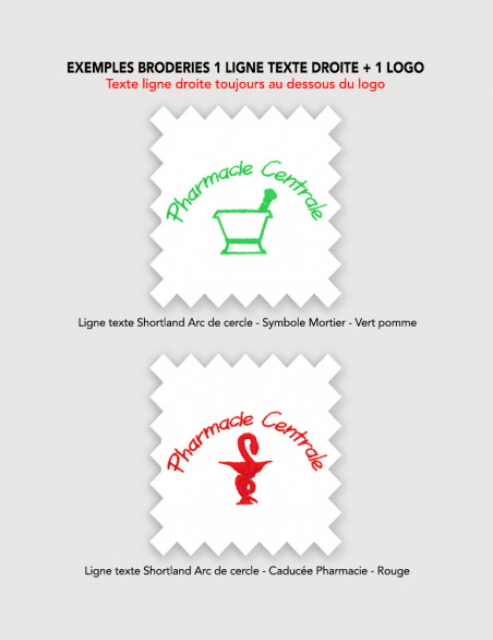 Broderie 1 caducée ou symbole + 1 ligne de texte en arc de cercle sur blouse médicale