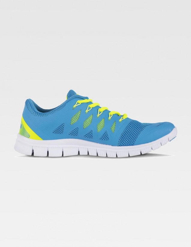 Sneakers, tennis, chaussures pour le médical, couleur bleu océan, lacets anis, vue de profil pied gauche