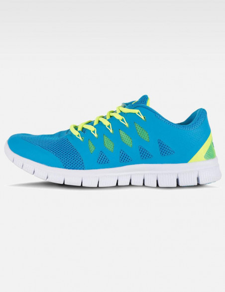 Sneakers, tennis, chaussures pour le médical, couleur bleu océan, lacets anis, vue de profil, pied droit