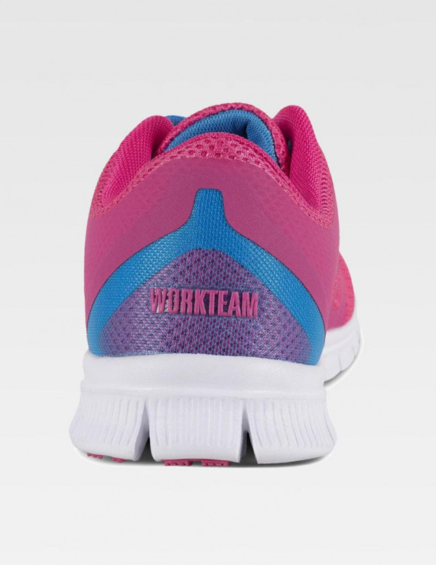 Sneakers, tennis, chaussures pour le médical, couleur framboise, lacets bleu, vue arrière