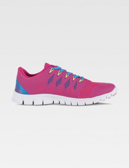 Sneakers, tennis, chaussures pour le médical, couleur framboise, lacets bleu, vue de profil