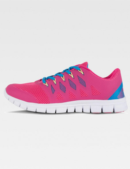 Sneakers, tennis, chaussures pour le médical, couleur framboise, lacets bleu, vue de profil