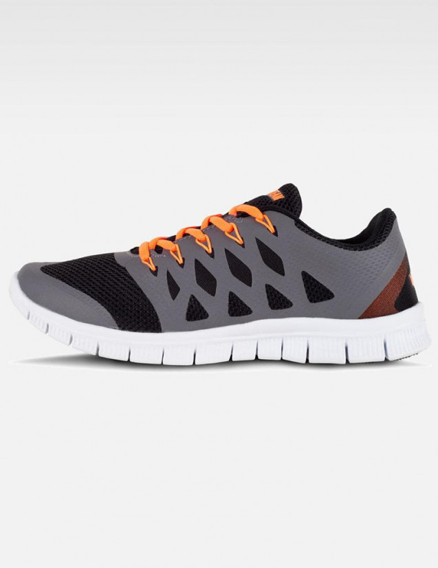 Sneakers, tennis, chaussures pour le médical, couleur gris/noir, lacets orange, vue de profil, pied droit